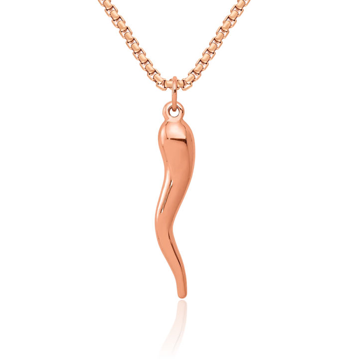 14K Solid Rose Pink Gold Cornicello Italian Horn Necklace Lucky Protection Amulet Pendant Chilli Pepper Charm