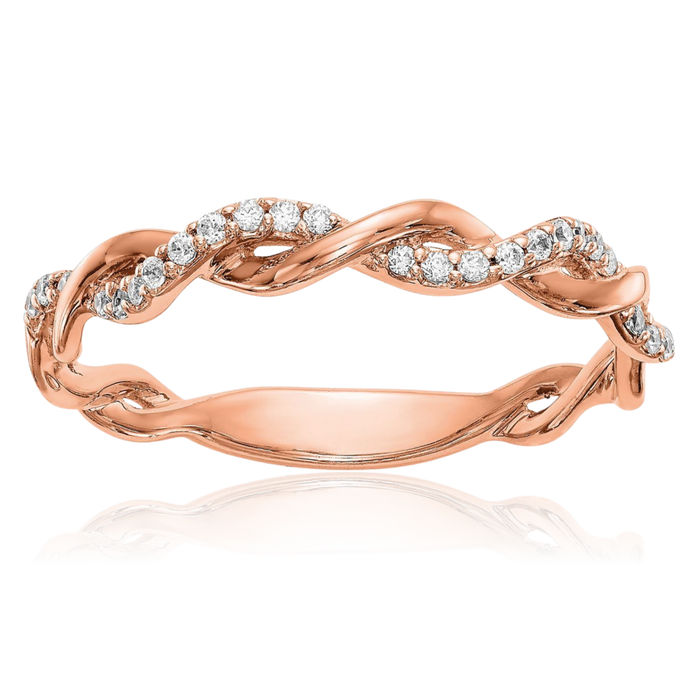 14K Solid Rose Pink Gold Crisscross Diamond Wedding Band Woven Twisted Statement Ring