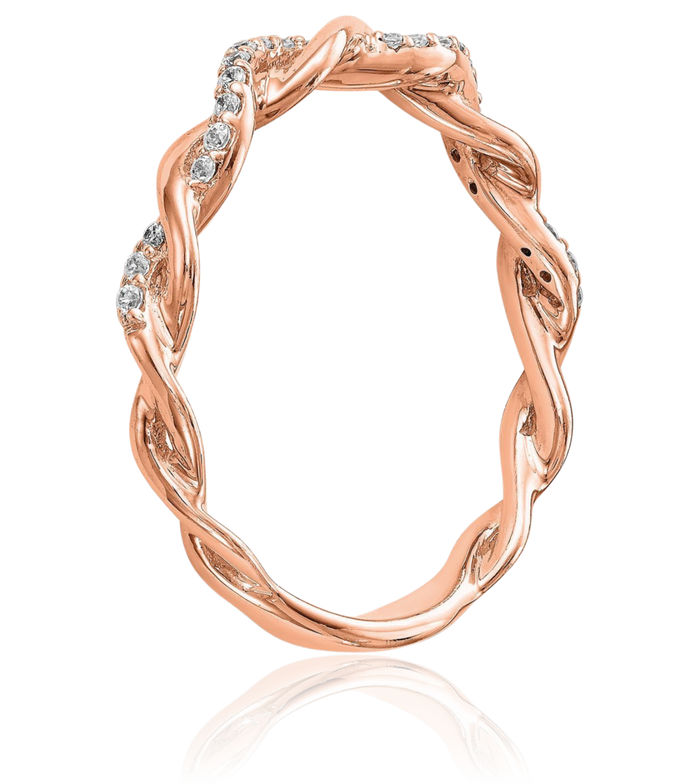 14K Solid Rose Pink Gold Crisscross Diamond Wedding Band Woven Twisted Statement Ring