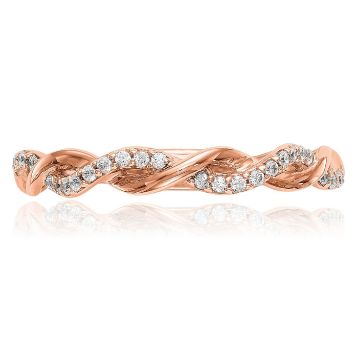 14K Solid Rose Pink Gold Crisscross Diamond Wedding Band Woven Twisted Statement Ring