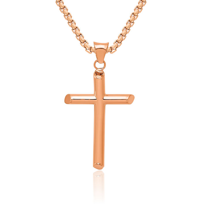 14K Solid Rose Pink Gold Tube Latin Mexican Holy Cross Necklace Religious Chain Pendant Jesus Christ Charm