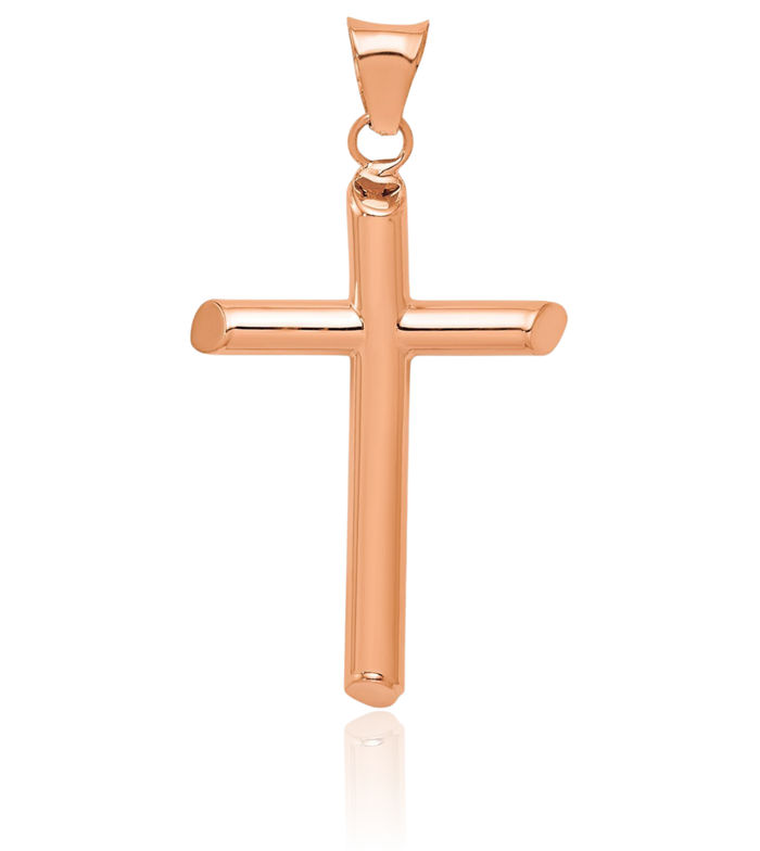 14K Solid Rose Pink Gold Tube Latin Mexican Holy Cross Necklace Religious Chain Pendant Jesus Christ Charm