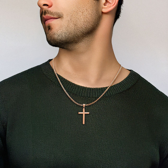 14K Solid Rose Pink Gold Tube Latin Mexican Holy Cross Necklace Religious Chain Pendant Jesus Christ Charm