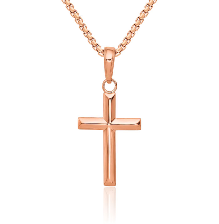 14K Solid Rose Pink Gold Latin Mexican Holy Cross Necklace Religious Chain Pendant Jesus Christ Charm