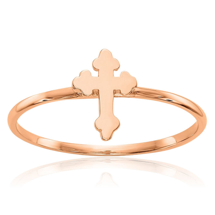 14K Solid Rose Pink Gold Holy Cross Ring Christian Religious Band