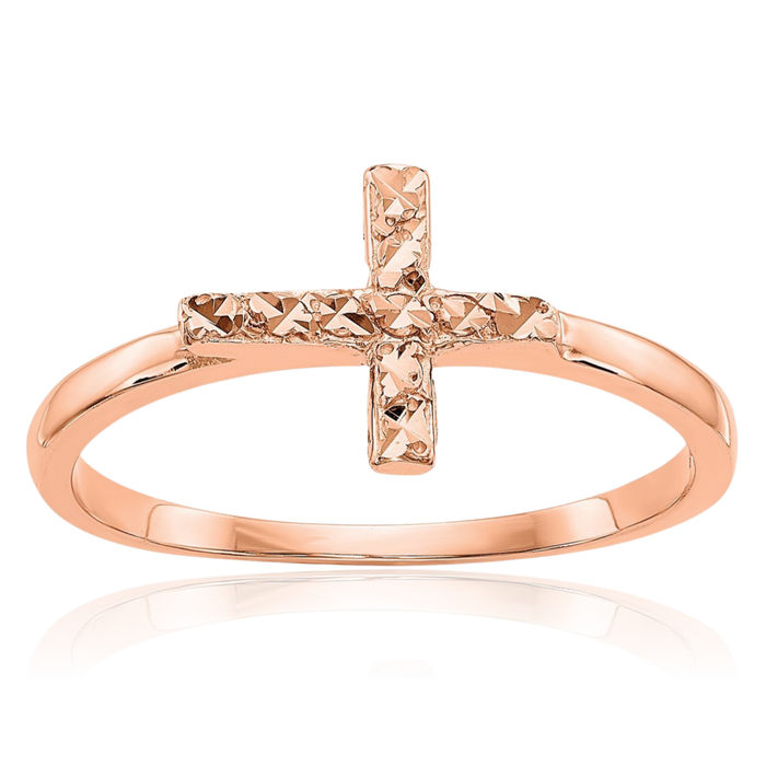 14K Solid Rose Pink Gold Holy Cross Ring Christian Religious Band