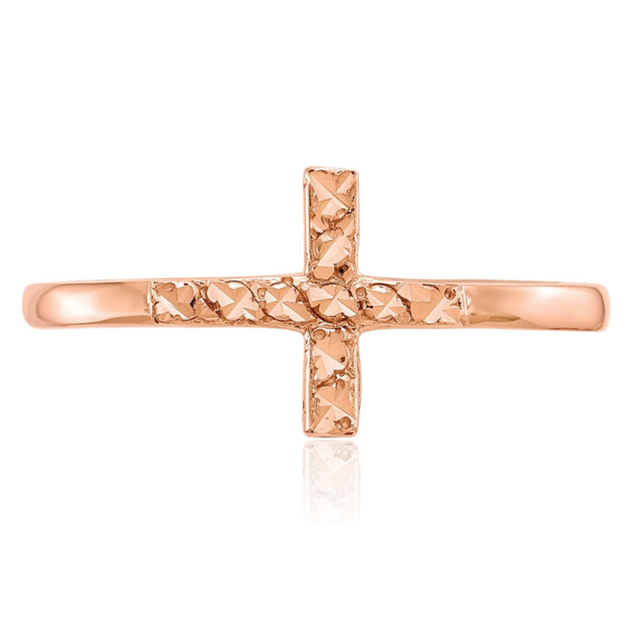 14K Solid Rose Pink Gold Holy Cross Ring Christian Religious Band