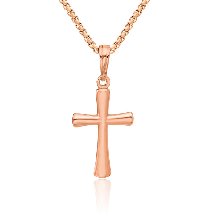 10K Solid Rose Pink Gold Latin Mexican Holy Cross Round Necklace Religious Chain Pendant Jesus Christ Charm