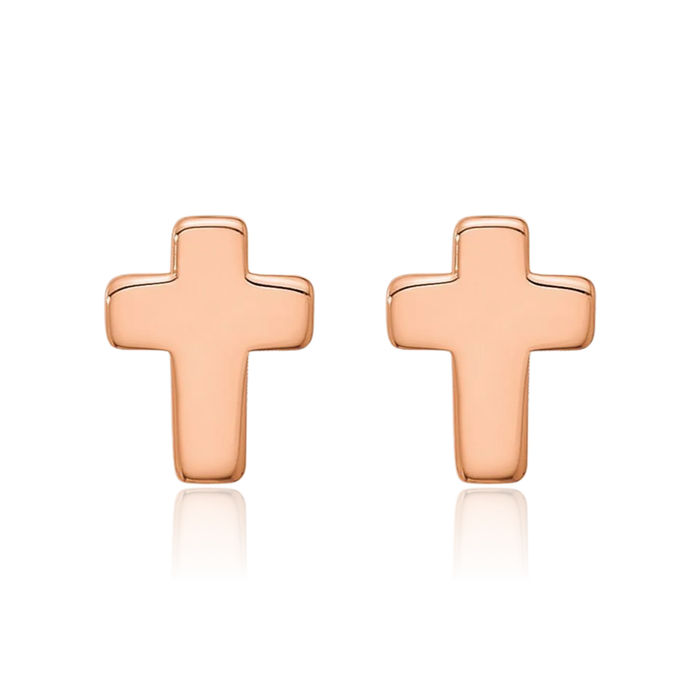 14K Solid Rose Pink Gold Holy Cross Studs Religious Christian Earrings