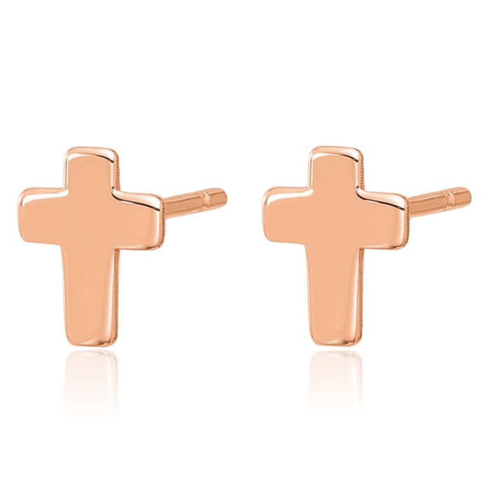 14K Solid Rose Pink Gold Holy Cross Studs Religious Christian Earrings