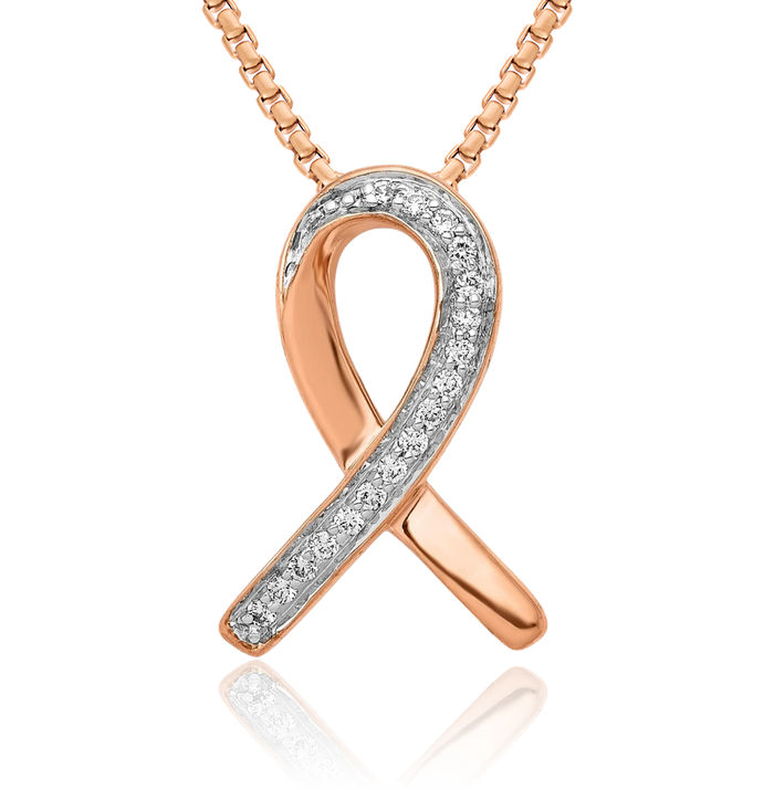 14K Solid Rose Pink Gold Diamond Cancer Breast Awareness Ribbon Floating Chain Slide Pendant Necklace Charm