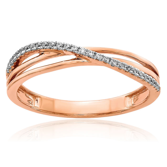 14K Solid Rose Pink Gold Diamond Woven Crisscross Band Twisted Statement Ring