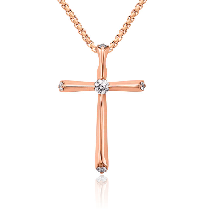 14K Solid Rose Pink Gold Diamond Latin Mexican Holy Cross Floating Chain Slide Pendant Necklace Religious Jesus Christ Charm