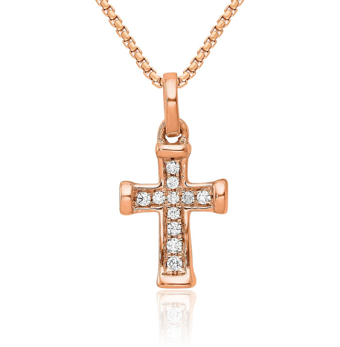 14K Solid Rose Pink Gold Diamond Latin Mexican Holy Cross Necklace Religious Chain Pendant Jesus Christ Christian Charm