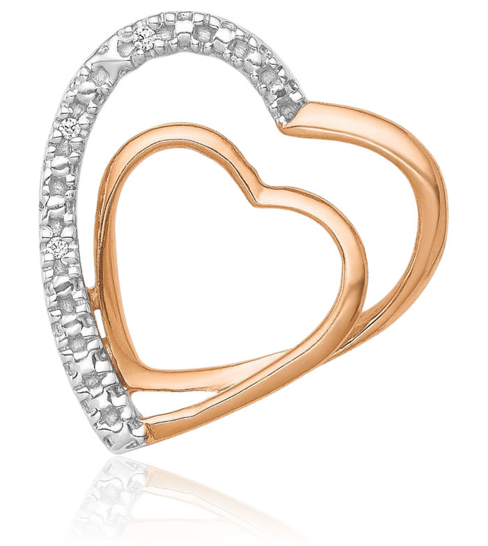 14K Solid Rose Pink Gold Diamond Double Heart Floating Chain Slide Pendant Necklace Charm