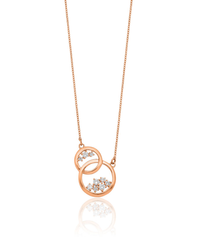 14K Solid Rose Pink Gold Diamond Double Circle Round Geometric Necklace Chain