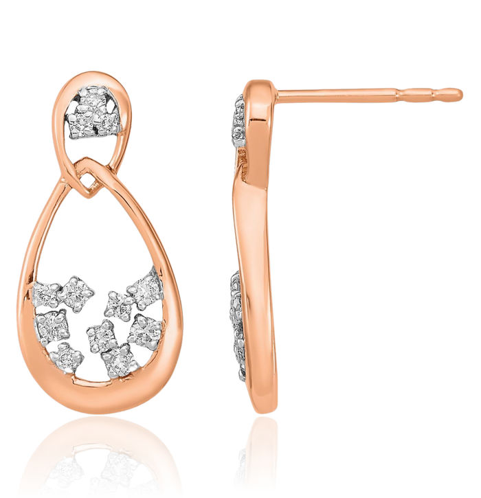 14K Solid Rose Pink Gold Diamond Double Teardrop Drop Dangle Earrings