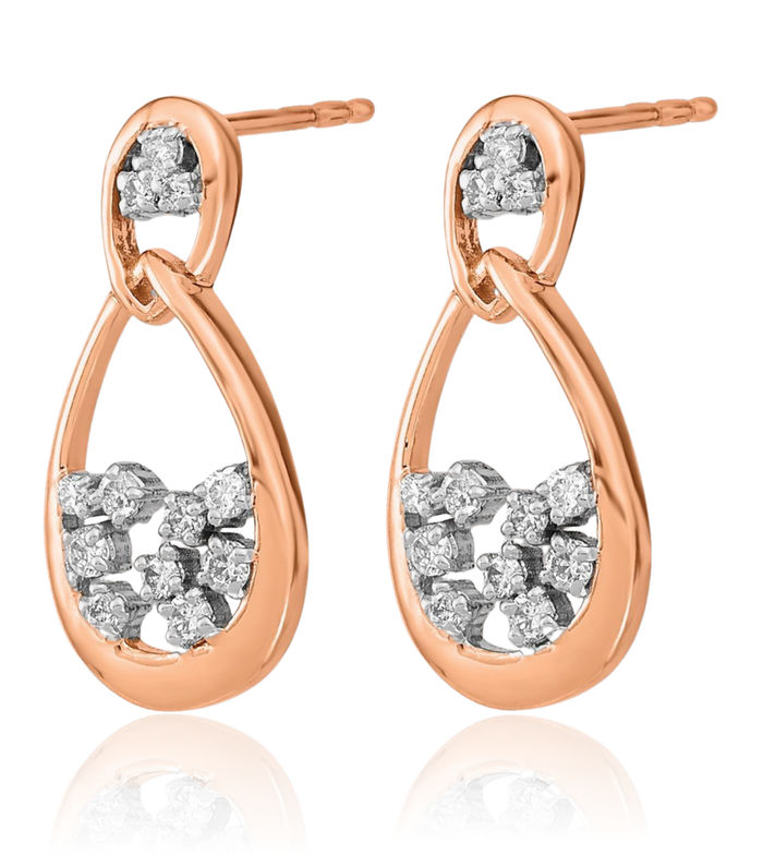 14K Solid Rose Pink Gold Diamond Double Teardrop Drop Dangle Earrings