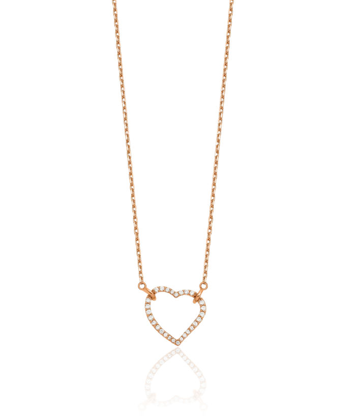 14K Solid Rose Pink Gold Diamond Heart Chain Necklace