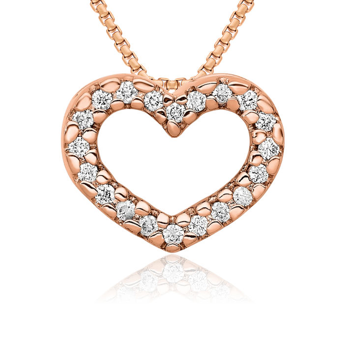 14K Solid Rose Pink Gold Diamond Heart Floating Chain Slide Pendant Necklace Charm