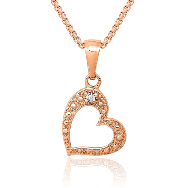 14K Solid Rose Pink Gold Diamond Heart Necklace Love Pendant Charm