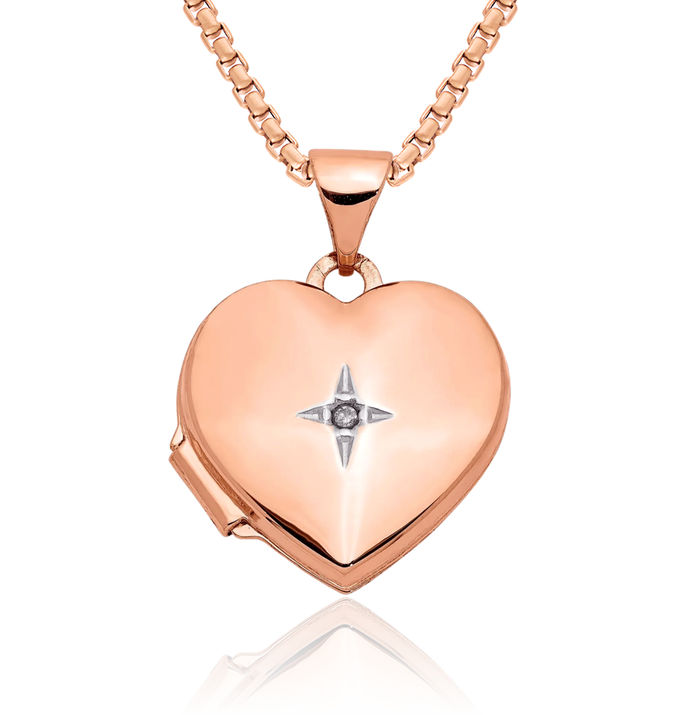 14K Solid Rose Pink Gold Diamond Heart Personalized Photo Locket Necklace Picture Pendant Charm