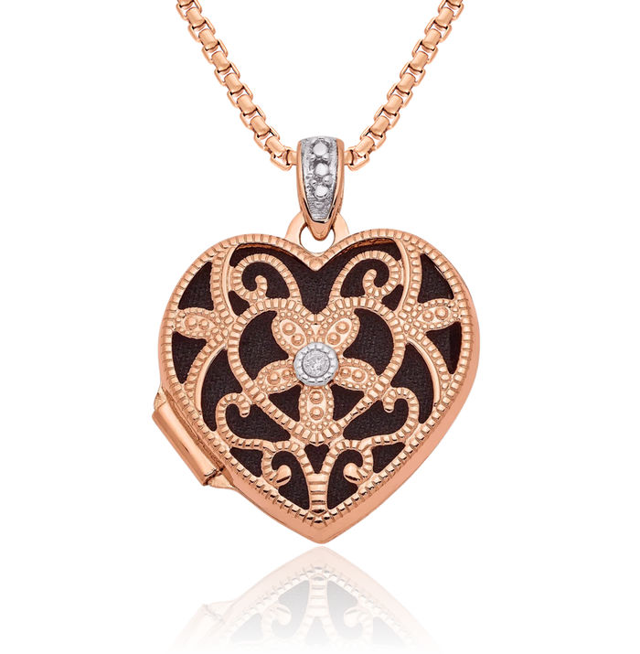 14K Solid Rose Pink Gold Diamond Vintage Heart Personalized Photo Locket Necklace Picture Pendant Charm