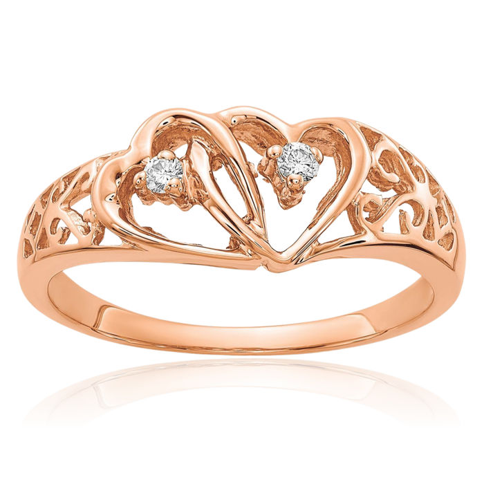 14K Solid Rose Pink Gold Diamond Heart Ring Love Band