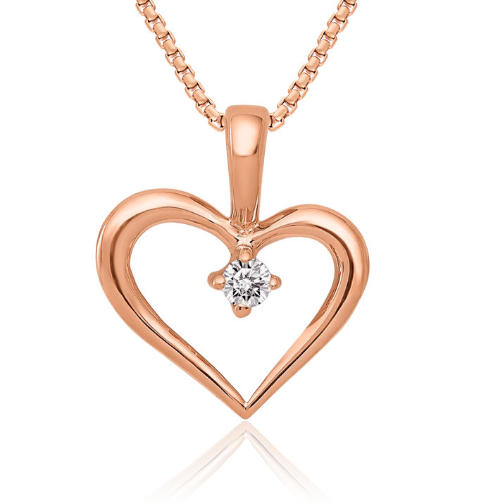 14K Solid Rose Pink Gold Diamond Heart Solitaire Necklace Chain Pendant Charm