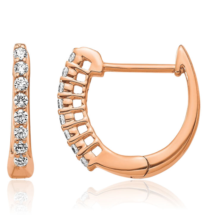 14K Solid Rose Pink Gold Diamond Huggie Small Hoop Earrings