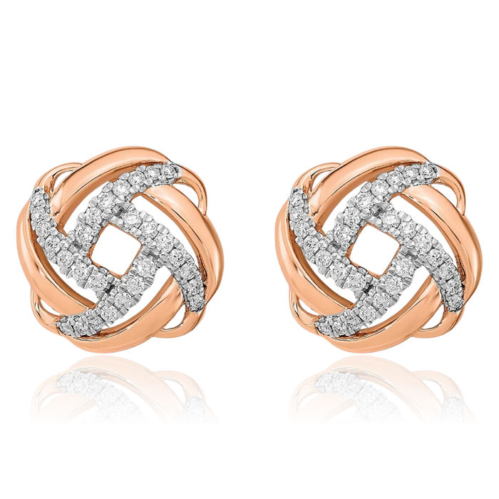 14K Solid Rose Pink Gold Diamond Twisted Love Knot Symbol Stud Earrings