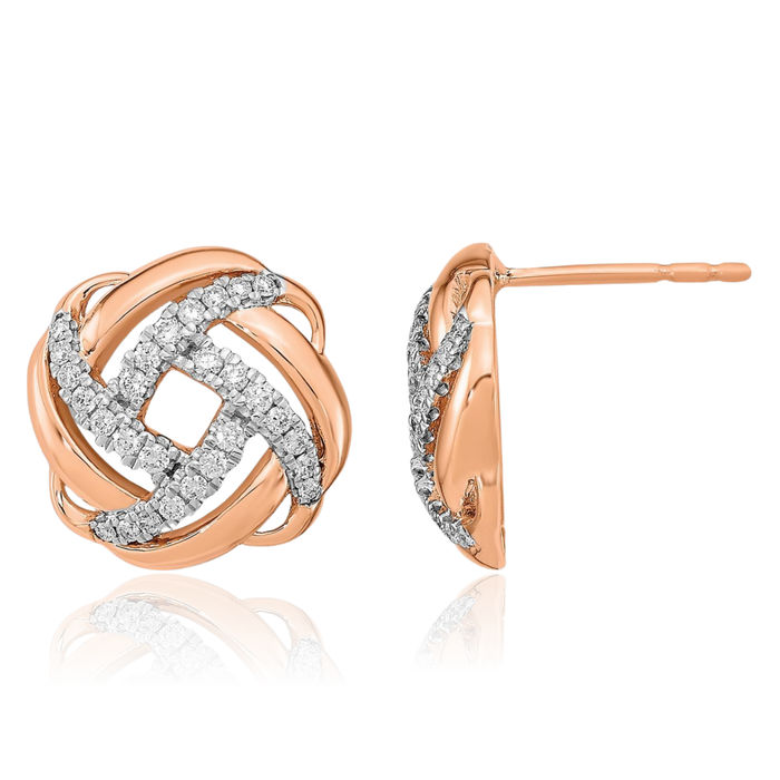 14K Solid Rose Pink Gold Diamond Twisted Love Knot Symbol Stud Earrings