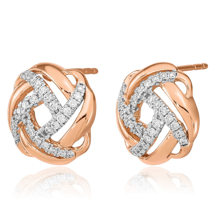 14K Solid Rose Pink Gold Diamond Twisted Love Knot Symbol Stud Earrings