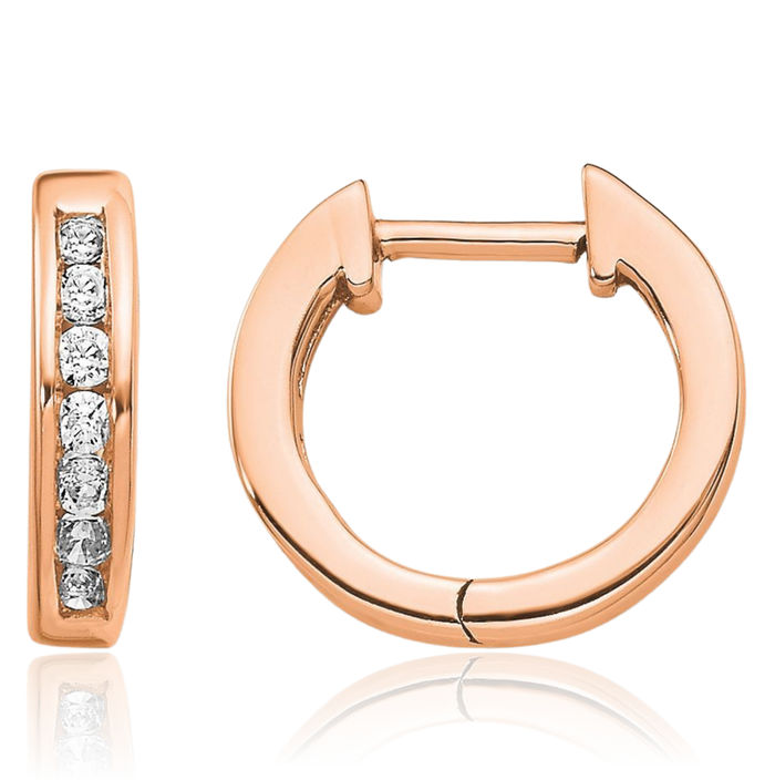 14K Solid Rose Pink Gold Diamond Round Huggie Mini Hoop Earrings