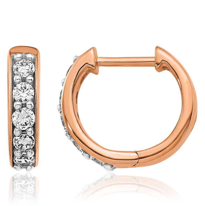 14K Solid Rose Pink Gold Diamond Round Huggie Mini Hoop Earrings