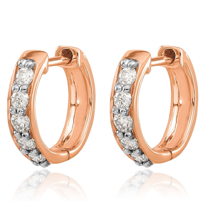 14K Solid Rose Pink Gold Diamond Round Huggie Mini Hoop Earrings