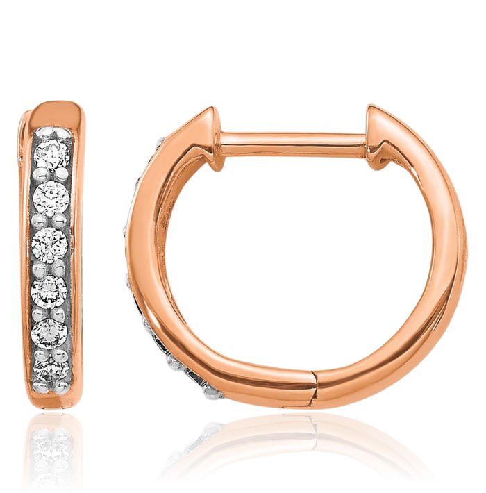 14K Solid Rose Pink Gold Diamond Round Huggie Mini Small Hoop Earrings