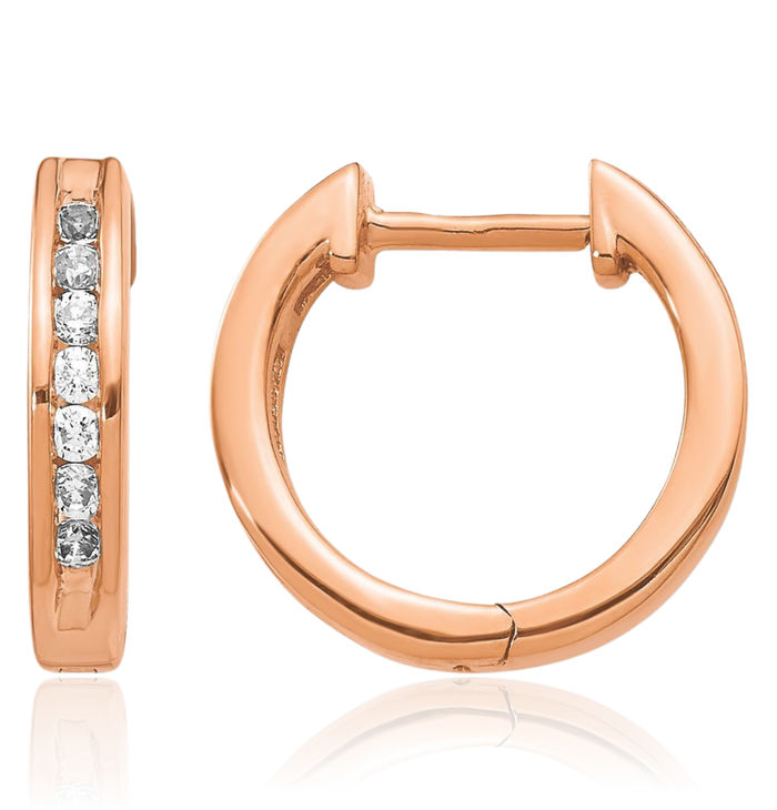 14K Solid Rose Pink Gold Diamond Round Huggie Small Hoop Earrings