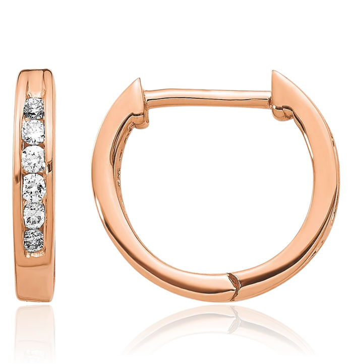 14K Solid Rose Pink Gold Diamond Round Huggie Small Hoop Earrings