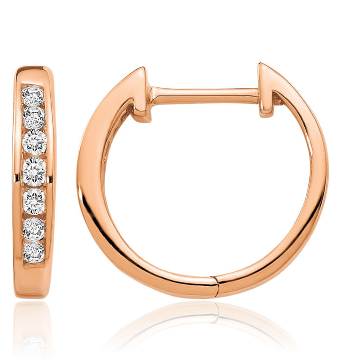 14K Solid Rose Pink Gold Diamond Round Huggie Small Hoop Earrings