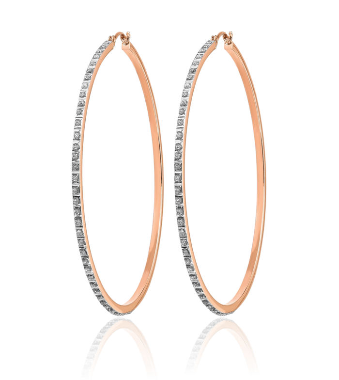 14K Solid Rose Pink Gold Diamond Round Large Hoop Earrings