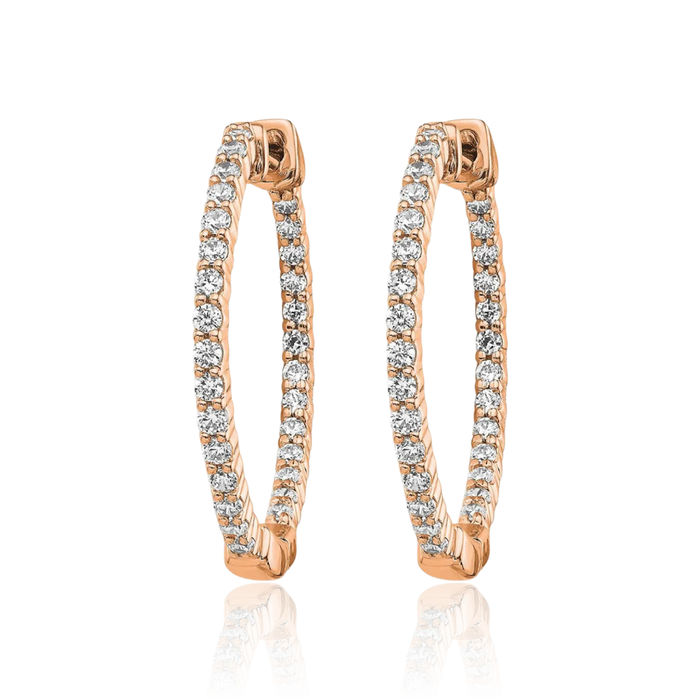 14K Solid Rose Pink Gold Diamond Round Medium Hoop Earrings