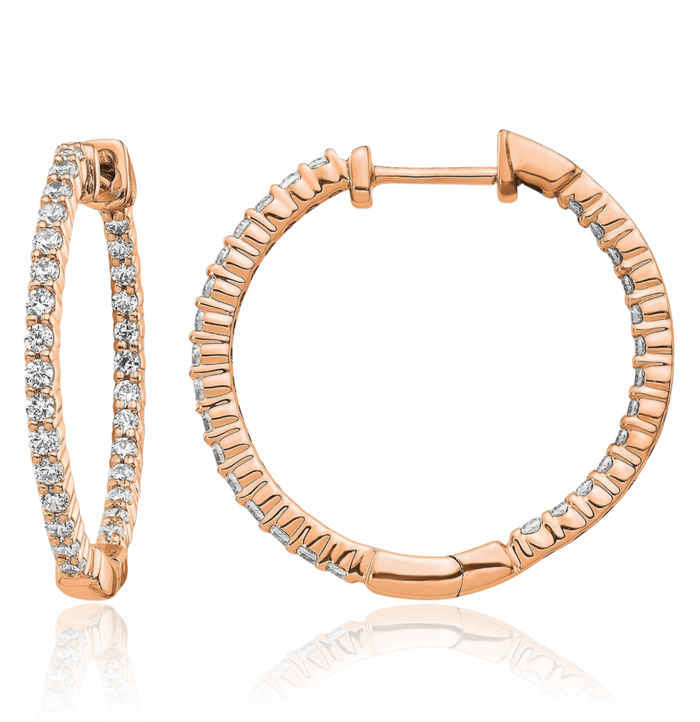 14K Solid Rose Pink Gold Diamond Round Medium Hoop Earrings