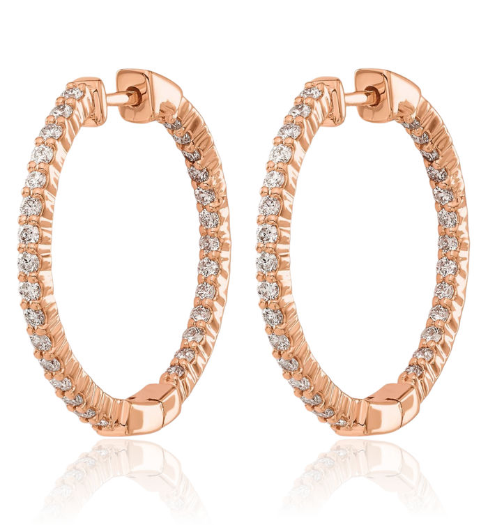 14K Solid Rose Pink Gold Diamond Round Medium Hoop Earrings