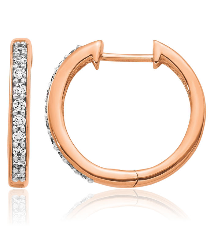 14K Solid Rose Pink Gold Diamond Round Small Hoop Earrings