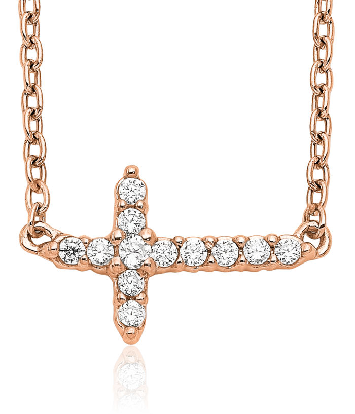 14K Solid Rose Pink Gold Diamond Sideways Holy Cross Necklace Chain