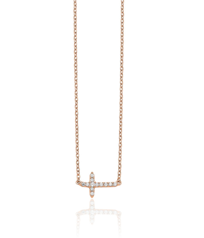 14K Solid Rose Pink Gold Diamond Sideways Holy Cross Necklace Chain