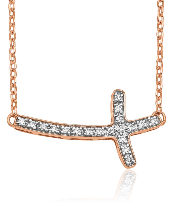 14K Solid Rose Pink Gold Diamond Sideways Holy Cross Necklace Chain