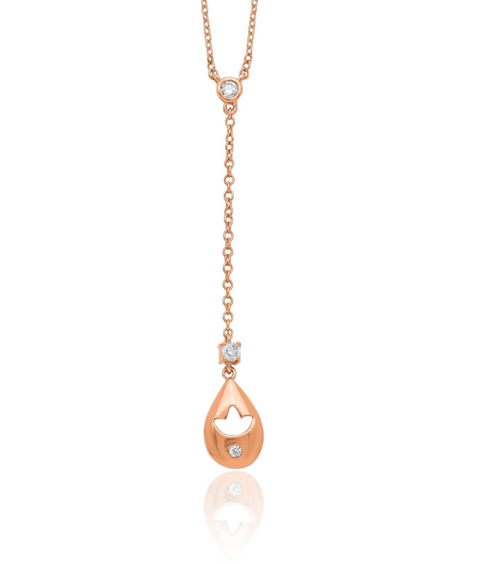 14K Solid Rose Pink Gold Diamond Teardrop Flower Dangling Necklace Chain