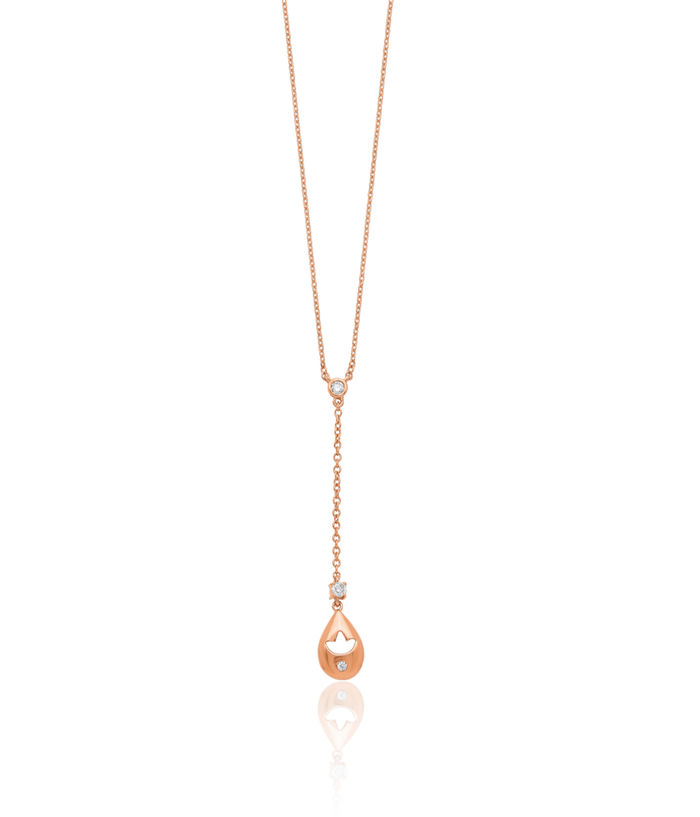 14K Solid Rose Pink Gold Diamond Teardrop Flower Dangling Necklace Chain